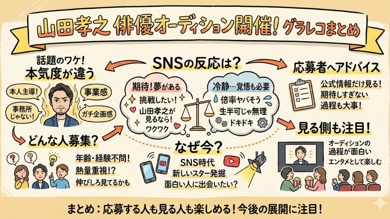 山田孝之が俳優オーディション開催！どんな人を募集している？のグラレコ風まとめ